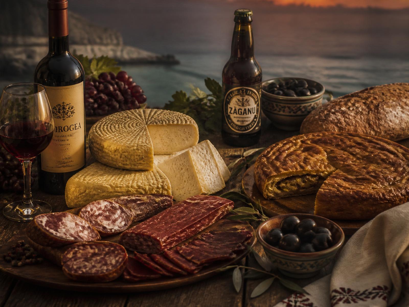 Masă cu brânzeturi, babic, pastramă, plăcintă dobrogeană, vin și bere artizanală